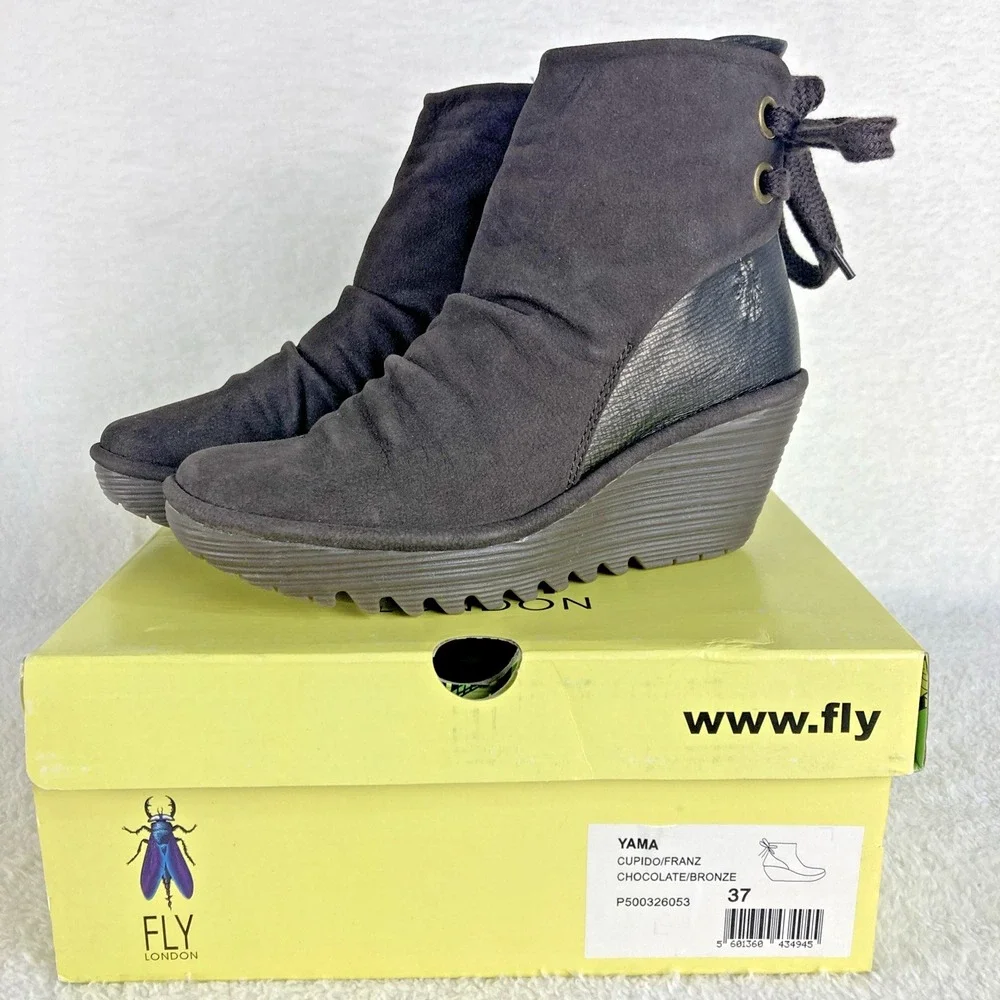 Fly London Yama Women's Suede Wedge Ankle Boots EU 37 US‎ 6.5-7  Gray Boho